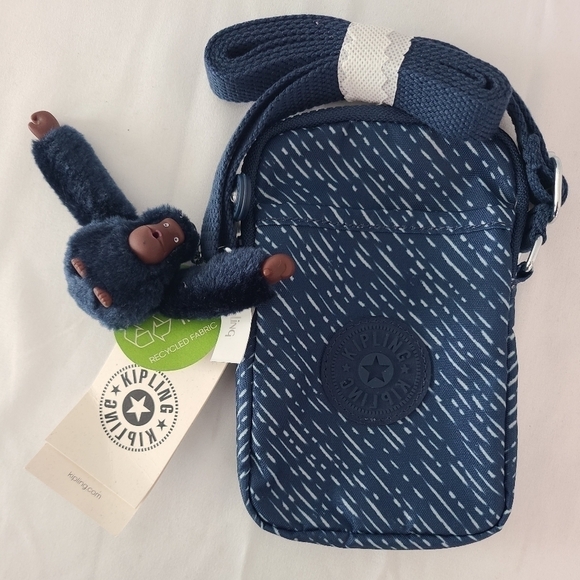 NEW Kipling Divine Stripes Blue Sling Crossbody Bag. Monkey. NWT. MSRP $49 - Picture 1 of 5